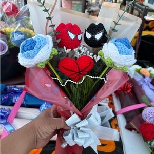 Superhero Crochet Flower Bouquet with Red and Blue Accents